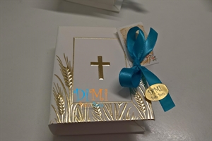 Bomboniera Libro Croce e spighe con nastro azzurro